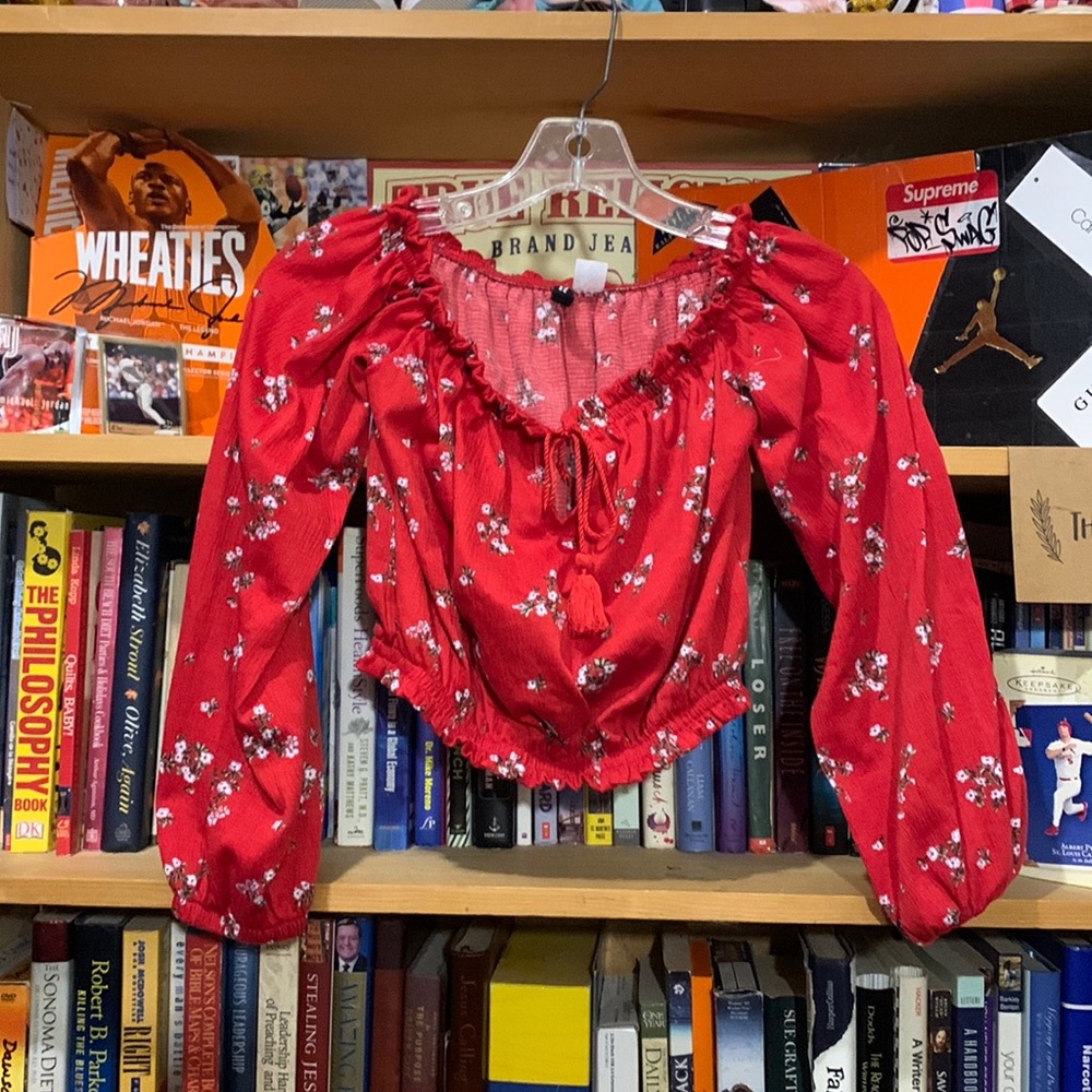 DIVIDED by H&M-girl’s red floral long sleeve cropped stretch blouse